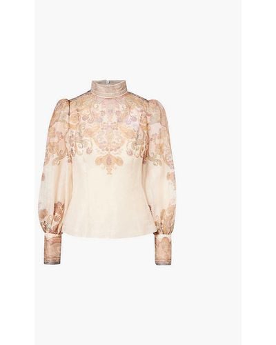 Zimmermann High-neck Long-sleeve Linen And Silk-blend Blouse - Natural