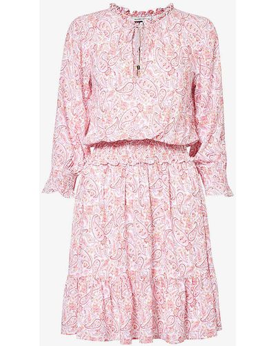 Heidi Klein Paisley-print Ruffle-neckline Woven Mini Dress - Pink