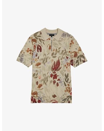 Ted Baker Graphic-print Half-zip Cotton-knit Polo Top - Natural
