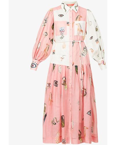 ALÉMAIS Cleo Graphic-print Linen Midi Dress - Pink