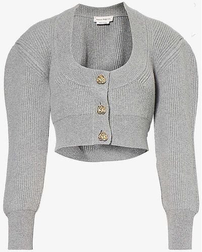 Alexander McQueen Scoop-neck Cropped Wool And Cashmere-blend Knitted Cardigan - Grey