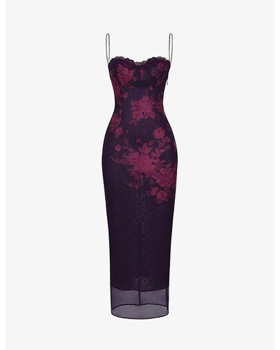 House Of Cb Aiza Floral-print Stretch-mesh Woven Maxi Dress - Purple