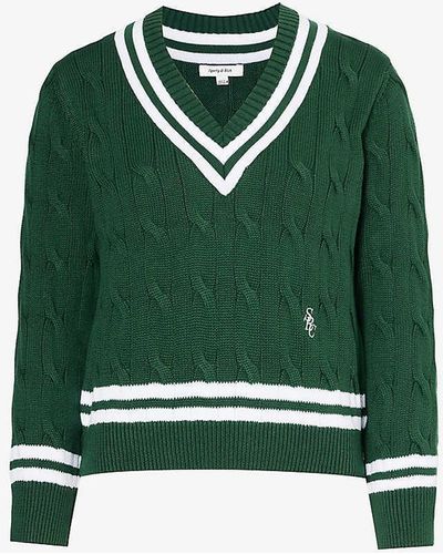Sporty & Rich Cable-knit V-neck Cotton Sweatshirt - Green