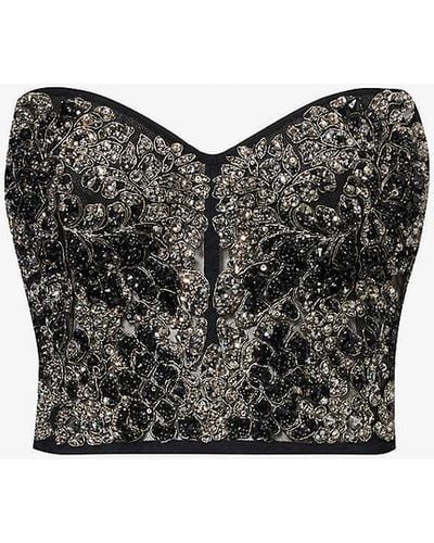 Alexander McQueen Crystal-embellished Corseted Woven Top - Black