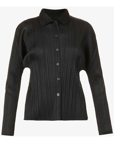 Pleats Please Issey Miyake Pleated Collared Relaxed-fit Knitted Shirt - Black