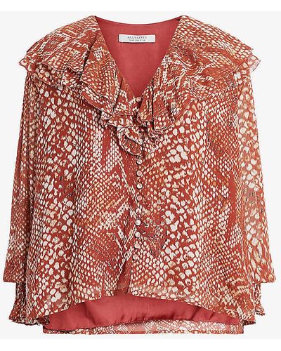 AllSaints Phoebe Waimea Graphic-print Frill-neck Recycled-polyester Blouse - Red