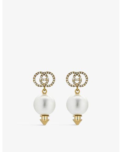 Gucci Interlocking-g Brass And Drop Pearl Earrings - White