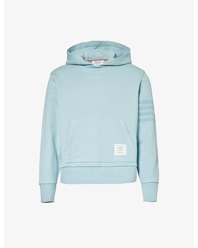 Thom Browne Branded Four-stripe Cotton Hoody - Blue