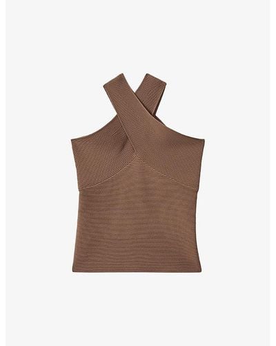 Reiss Darla Cross-neck Stretch-knit Top - Brown