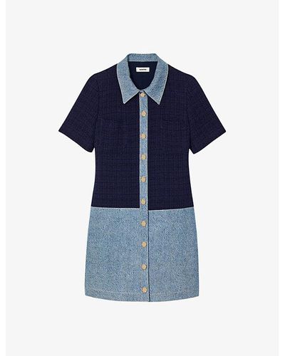 Sandro Contrast-collar Short-sleeve Tweed And Denim Mini Dress - Blue