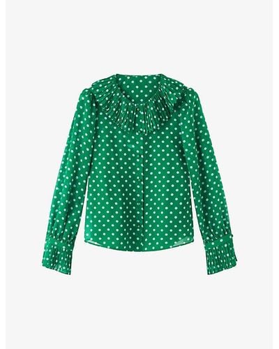 LK Bennett Dita Frilled-neck Woven Regular-fit Shirt - Green
