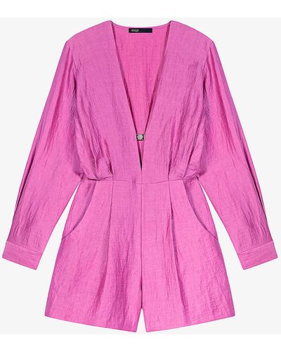 Maje Plunging-neckline Linen-blend Jumpsuit - Pink