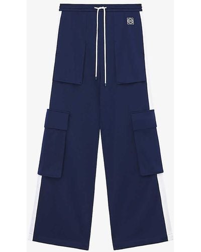 Loewe Anagram Slip-pocket Wide-leg Mid-rise Woven Trousers - Blue