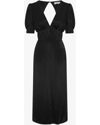 OMNES Odette V-neck Puff-sleeve Woven Midi Dress - Black