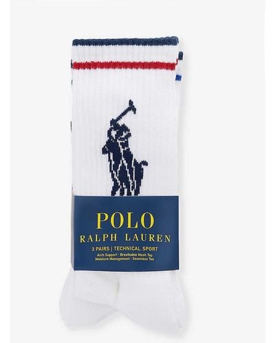 Polo Ralph Lauren Logo-print Pack Of Three Stretch-recycled-polyester Socks - Blue