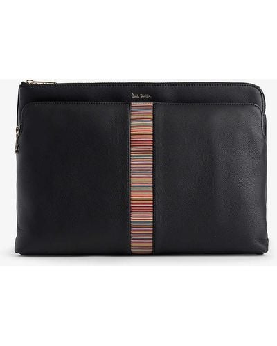 Paul Smith Striped-panel Zipped Leather Document Bag - Black