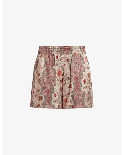 AllSaints Charli Cascade Graphic-print High-rise Silk-blend Shorts - Pink