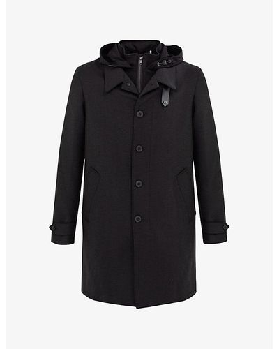 IKKS Hooded Long-sleeve Stretch-woven Trench Coat - Black