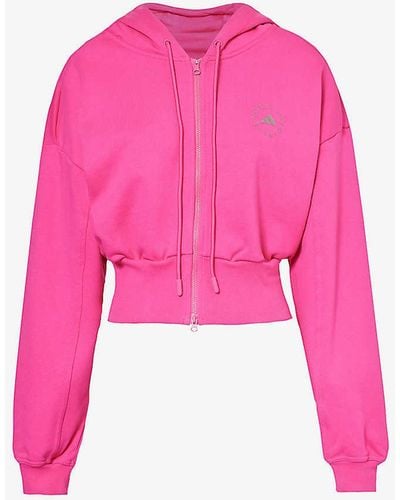 adidas By Stella McCartney Brand-print Ribbed-trim Organic-cotton Hoody - Pink
