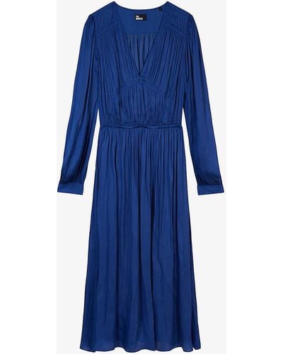 The Kooples Pleated V-neck Woven Midi Dress - Blue