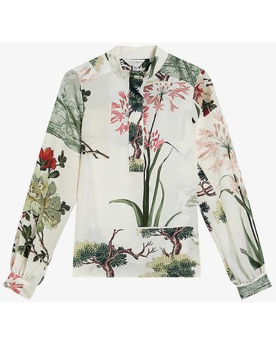 Ted Baker Jaynia Floral-print Long-sleeve Woven Blouse - White