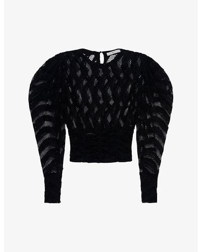 IRO Edouard Lace Puffed-sleeve Stretch Cotton-blend Top - Black