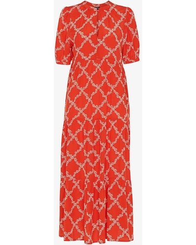 Whistles Daisy Floral-print Checked Woven Midi Dress - Red