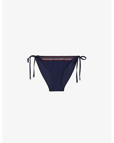 Reiss Marissa Embroidered Stretch-nylon Bikini Bottoms - Blue