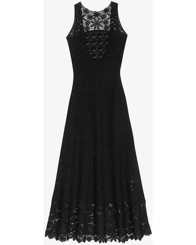 Maje High-neck Crochet-trim Woven Midi Dress - Black