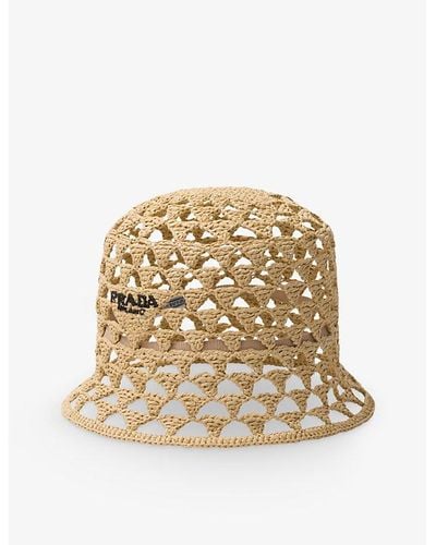 Prada Brand-embroidered Cut-out Woven Bucket Hat - Natural