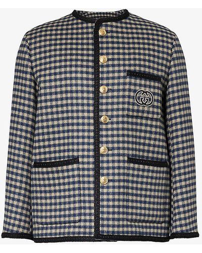 Gucci Brand-embroidered Checked-pattern Wool-blend Jacket - Grey
