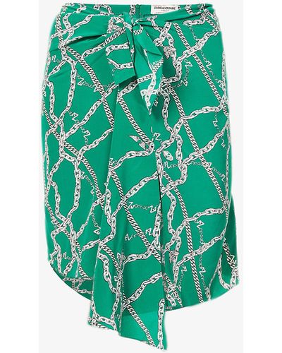 Zadig & Voltaire Jana Chain-print Silk-crepe Midi Skirt - Green