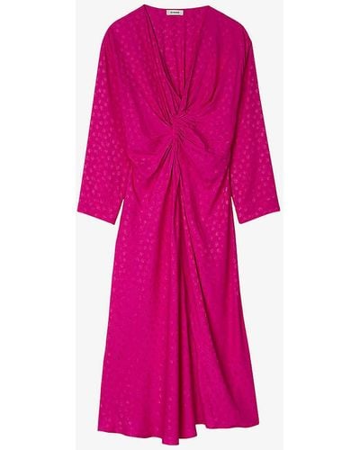 Sandro Draped Long-sleeved Satin Midi Dress - Pink