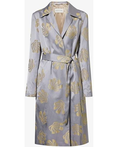 Dries Van Noten Embroidered-pattern Notched-lapel Belted Woven Coat - Grey