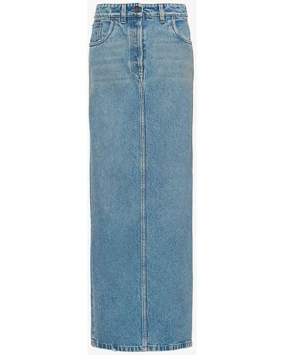 Prada Brand-plaque Low-rise Organic-cotton Denim Maxi Skirt - Blue