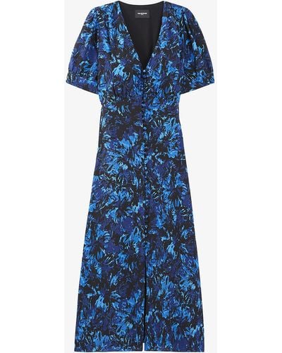 The Kooples Graphic-print V-neck Silk Midi Dress - Blue