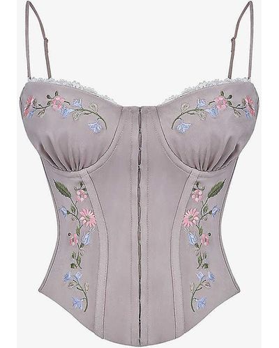 House Of Cb Petunia Floral-embroidered Stretch-woven Corset - Grey