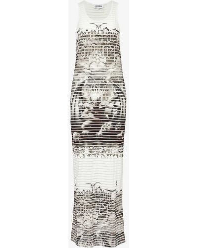 Jean Paul Gaultier White Black Diablo Graphic-print Slim-fit Cotton-blend Maxi Dress