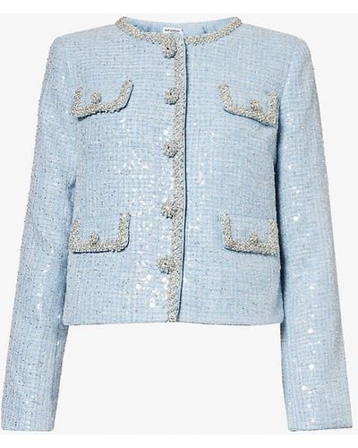 Self-Portrait Bouclé Texture Crystal-embellished Woven Jacket - Blue