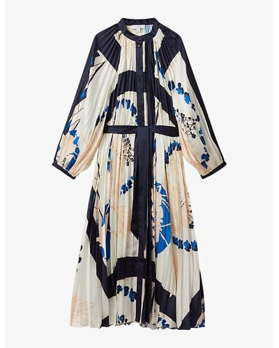 Reiss Daiya Graphic-print Pleated Woven Maxi Dress - Blue