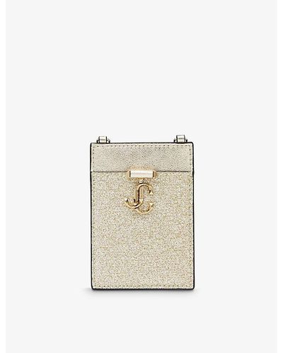 Jimmy Choo Jc Glittered Metallic-leather Cardholder With Chain - Natural