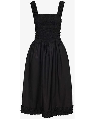 Ganni Square-neck Ruffle-trim Organic-cotton Midi Dress - Black