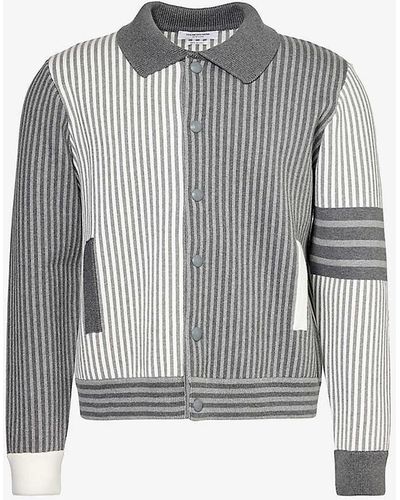 Thom Browne Welt-pocket Stripe-pattern Cotton-blend Polo Shirt - Grey