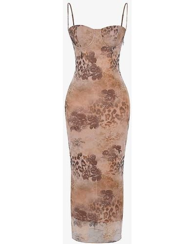 House Of Cb Aiza Floral-print Stretch-mesh Maxi Dres - Brown