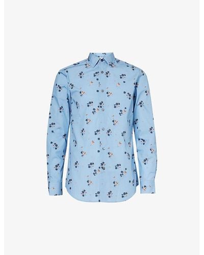 Paul Smith Floral-print Regular-fit Organic-cotton Shirt - Blue