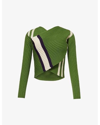 Dries Van Noten Contrast-stripe Wrap-over Wool-blend Sweater - Green