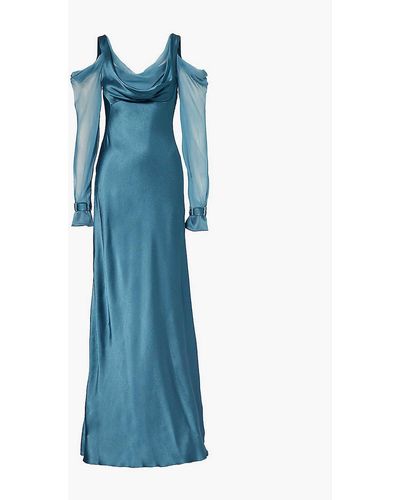 Alberta Ferretti Cowl-neck Cut-out Silk Maxi Dress - Blue