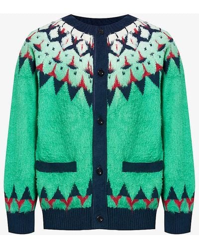 Sacai Jacquard-knit Relaxed-fit Cotton-blend Cardigan - Green