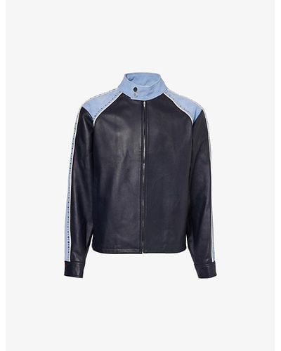 Wales Bonner Light Blue Vy Marvel Contrast-panel Leather Jacket