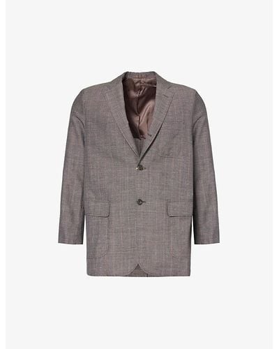 Beams Plus Plaid-patterned Single-breasted Wool And Linen-blend Blazer - Grey